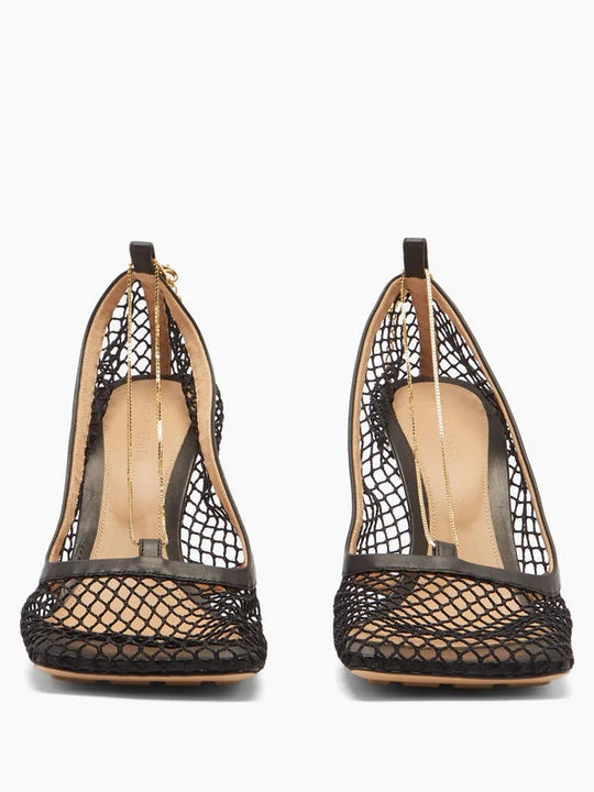 Chained-topline fishnet-vamp leather pumps
